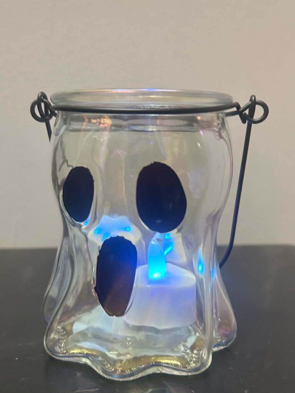 Glass Ghost Lantern - Iridescent Clear with Blue Light -